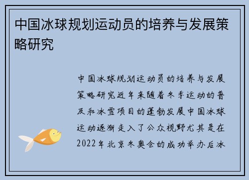 中国冰球规划运动员的培养与发展策略研究